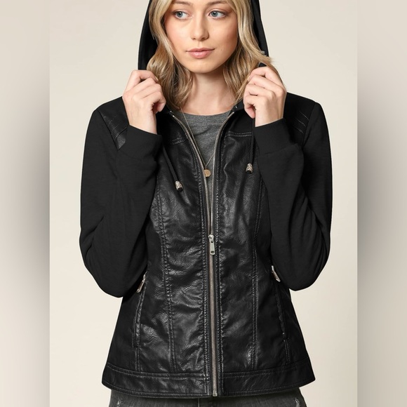 Hooded Faux Leather Jacket Moto Biker Coat -black/black - Picture 5 of 6